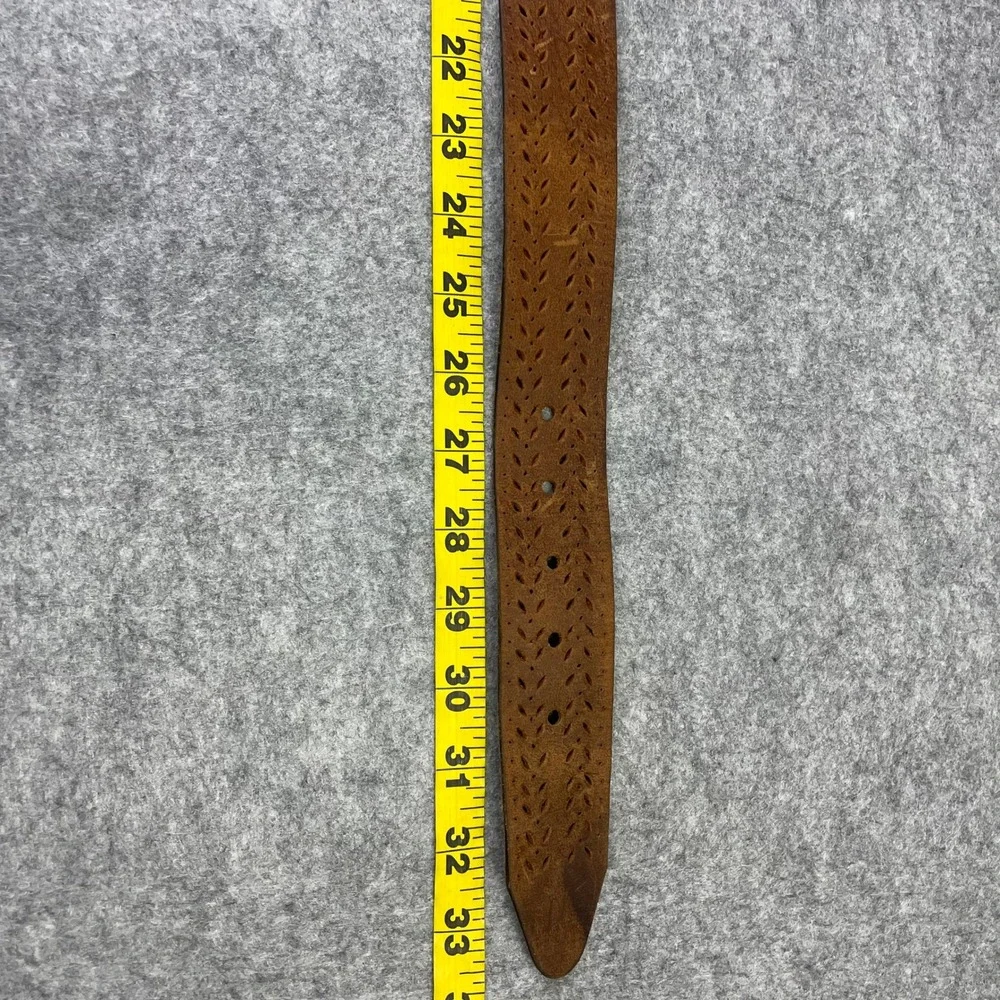 Womens Brown Genuine Leather Perforated Floral Belt 30''xDistressed Brass Buckle